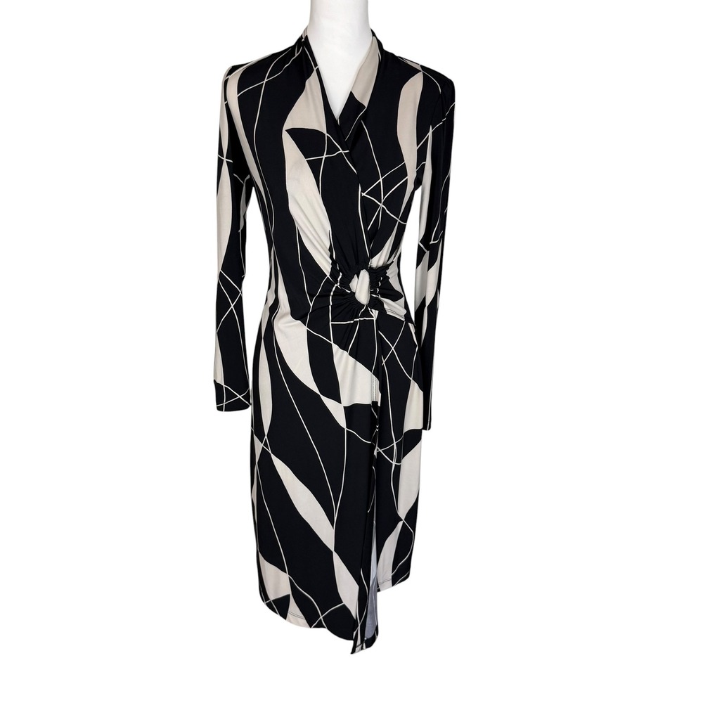 Joseph Ribkoff Black Beige Abstract Geometric Ring Wrap Sheath Dress Size 6